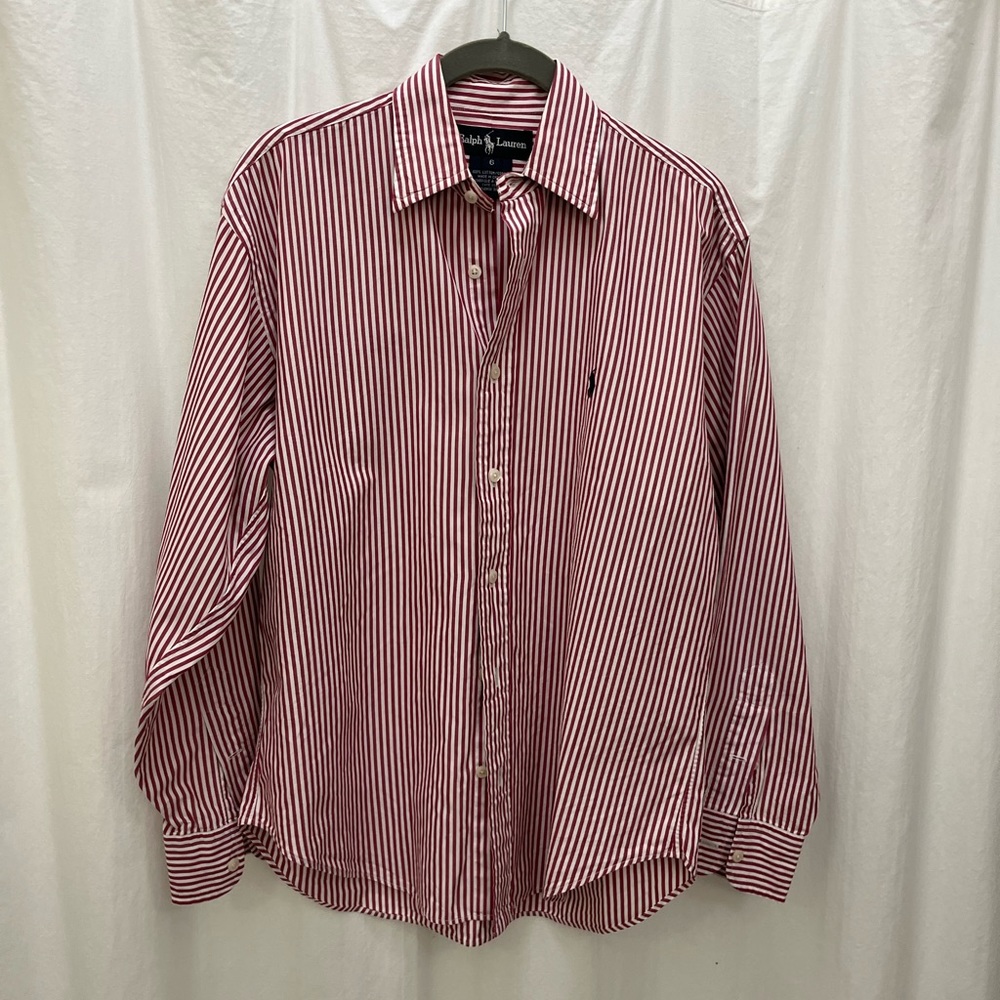 Ralph Lauren Red White Striped Blue Pony Long Sleeve Cotton Button Down